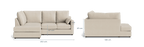 Beige L-shaped sofa with chaise, shown from front and side, labelled dimensions 212x166x67 cm