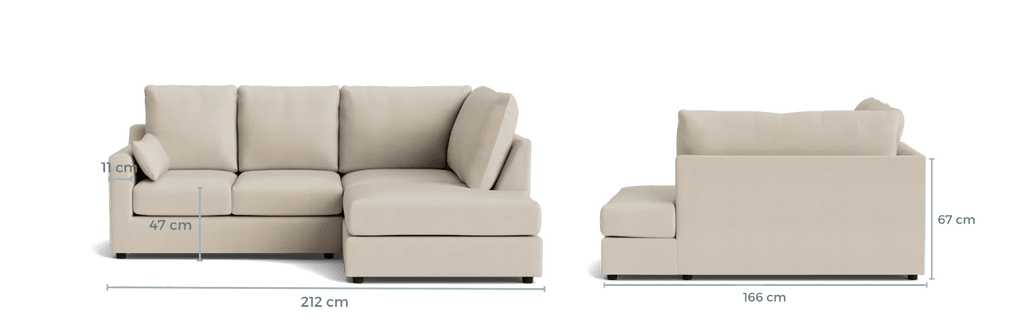 Beige L-shaped sectional sofa with measurements, modern living room furniture