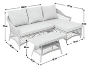 White wicker outdoor sofa set with chaise lounge and coffee table, dimensions shown