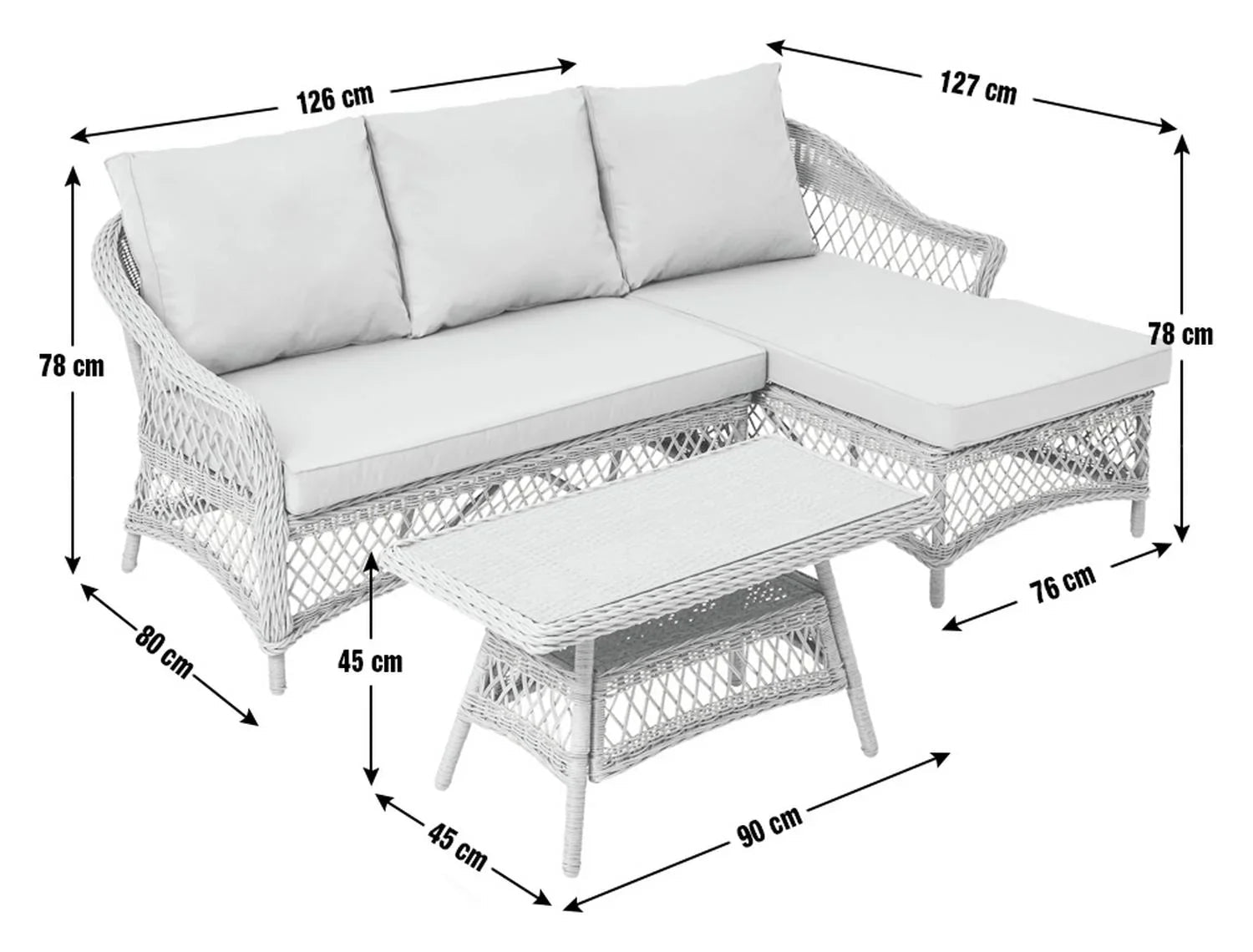 White wicker outdoor sofa set with chaise lounge and coffee table, dimensions shown