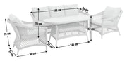 White wicker outdoor sofa set with dimensions, perfect for patio or garden seating