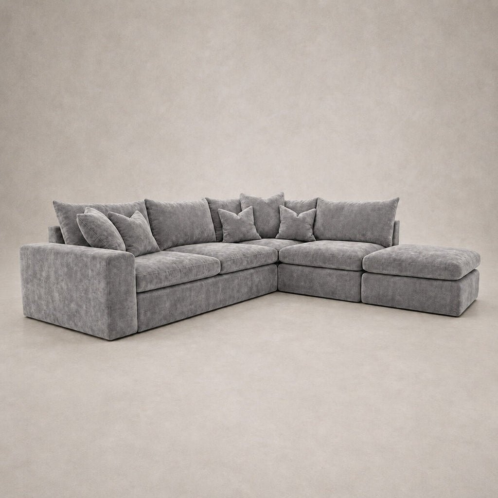 Pendle Corner Sofa & Footstool Bundle in Luxe Chenille Luxe Steel Grey - clean catalogue view