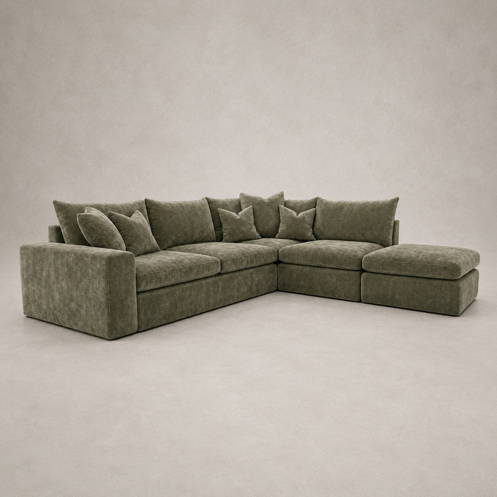 Pendle Corner Sofa & Footstool Bundle in Luxe Chenille Matcha Green - clean catalogue view