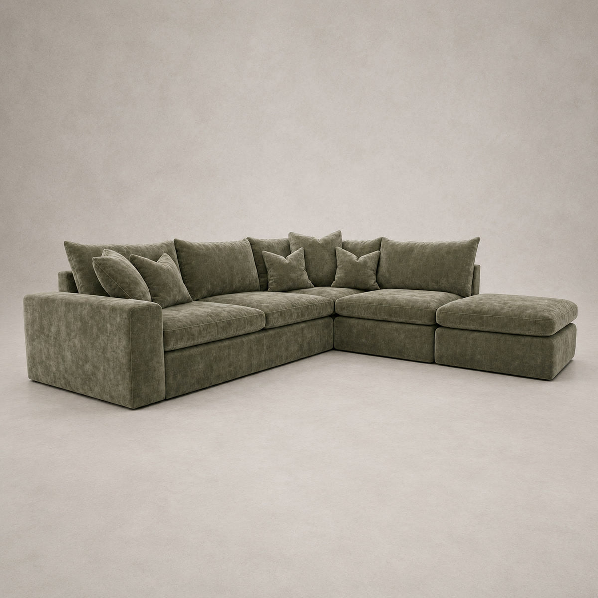 Pendle Corner Sofa & Footstool Bundle in Luxe Chenille Matcha Green - clean catalogue view