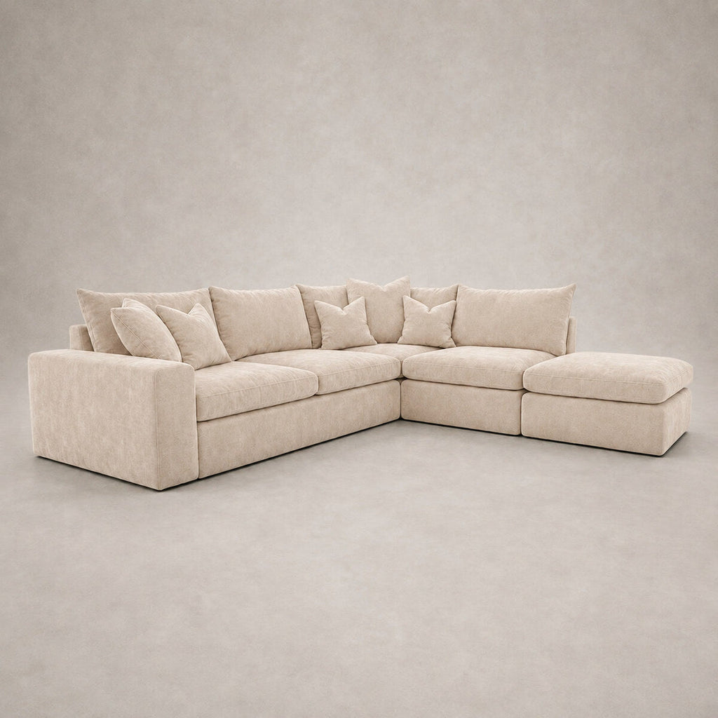 Pendle Corner Sofa & Footstool Bundle in Luxe Chenille Summer Beach - clean catalogue view