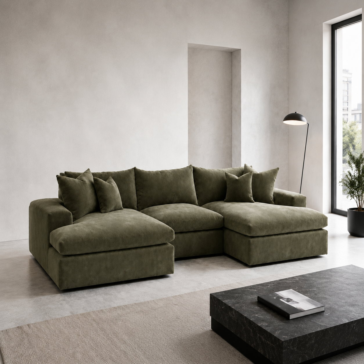 Pendle Double Chaise Cinema Sofa in Luxe Chenille Matcha Green – premium room hero