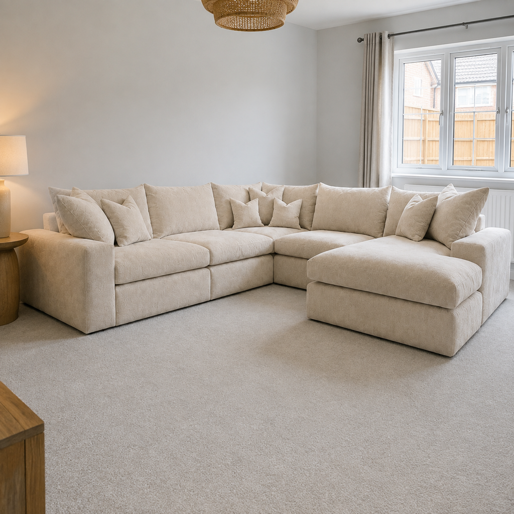 Pendle U Shape Corner Chaise Sofa in Summer Beach – realistic UK home hero