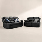 Black leather recliner sofa set with plush cushions, ideal for luxury living room furniture