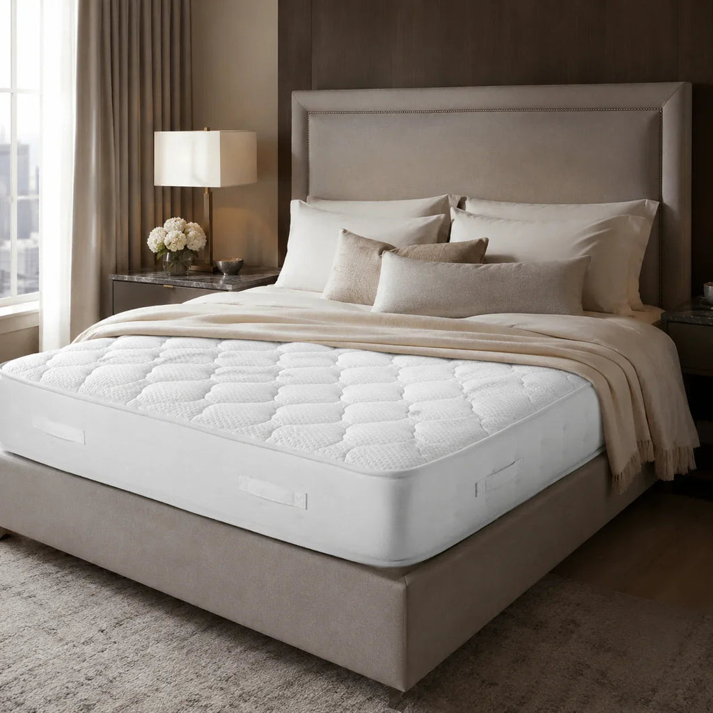 Luxury white quilted mattress on upholstered bed frame in modern bedroom with soft lighting