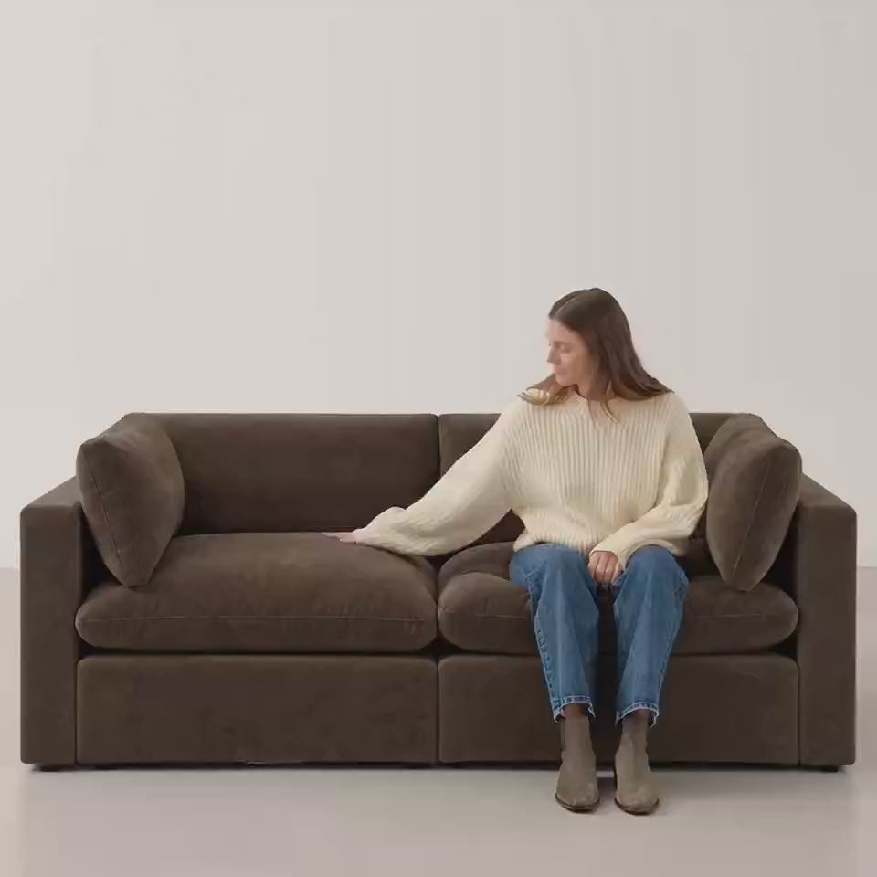 Bellano 2 Seater Sofa — Espresso Plush Velvet, Pillow cushions — five-second studio scale and comfort video