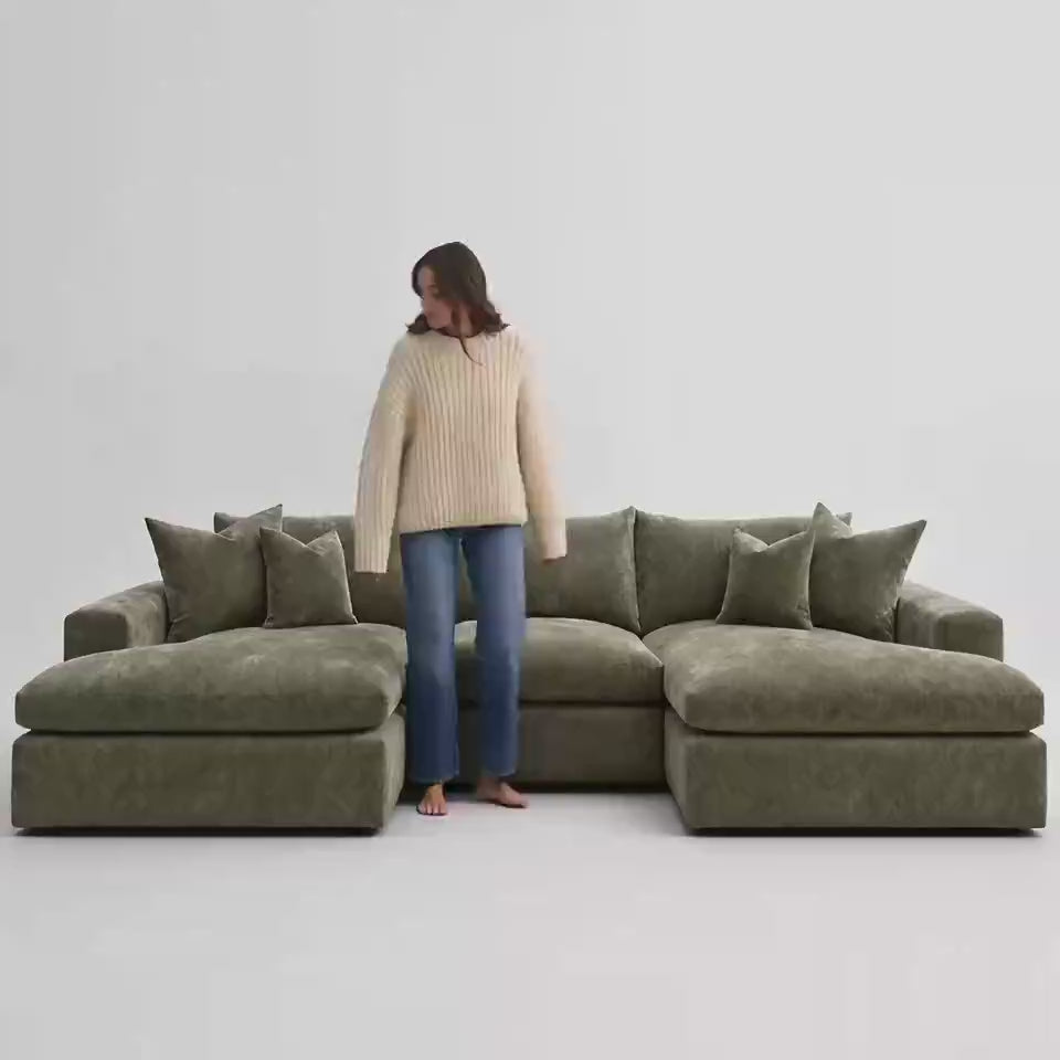 Lucca Double Chaise Cinema Sofa in Matcha Green — white studio scale and comfort film