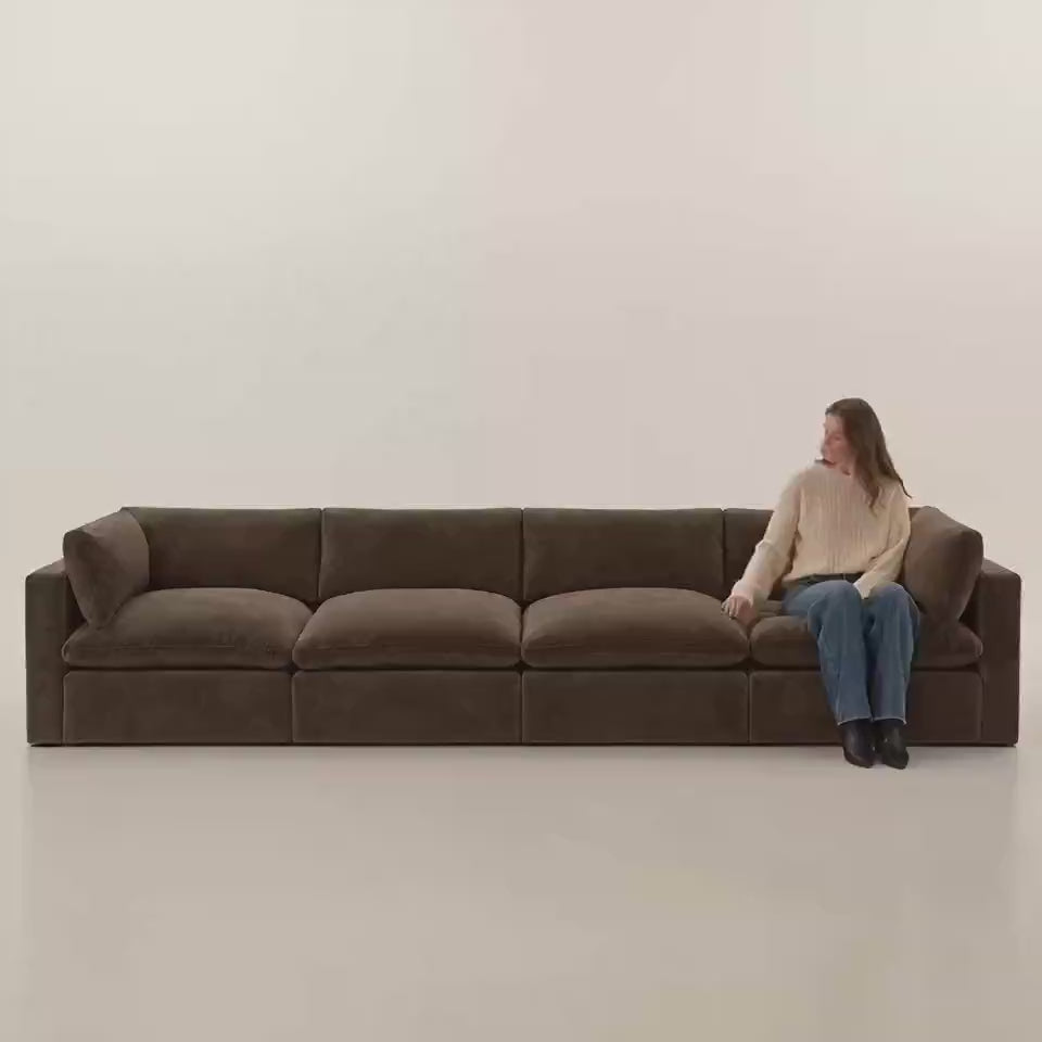 Bellano 4 Seater Sofa — Espresso Plush Velvet, Pillow cushions — five-second studio scale and comfort video