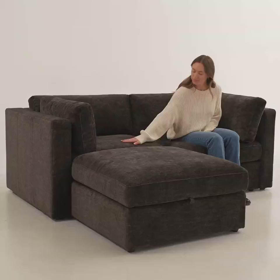 Bellano 2 Seater Sofa + Storage Ottoman — Double Espresso Luxe Chenille, Box cushions — five-second studio scale and comfort video
