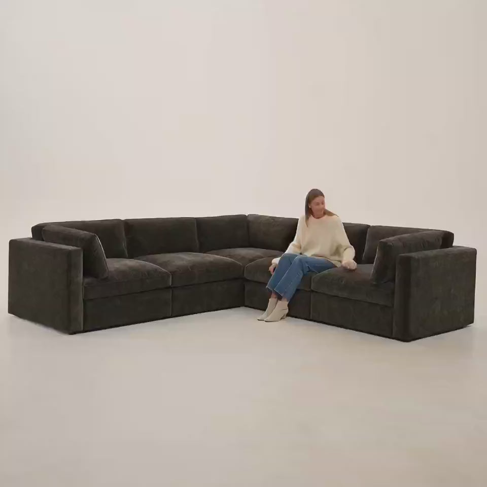 Bellano Corner Sofa — Double Espresso Luxe Chenille, Box cushions — five-second studio scale and comfort video