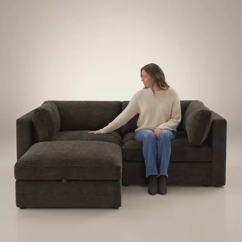 Bellano 2 Seater Sofa + Footstool — Double Espresso Luxe Chenille, Box cushions — five-second studio scale and comfort video
