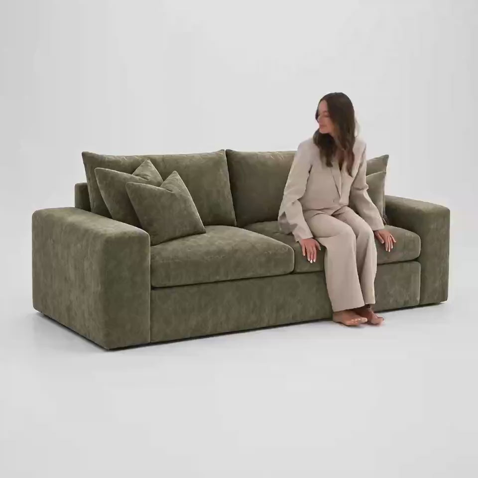 Lucca 2 Seater Sofa in Matcha Green — white studio scale and comfort film