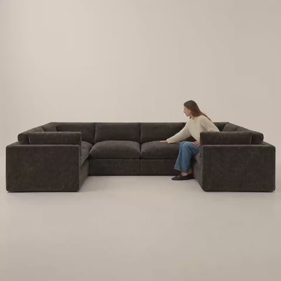Bellano Grand U-Shape Sofa — Double Espresso Luxe Chenille, Pillow cushions — five-second studio scale and comfort video