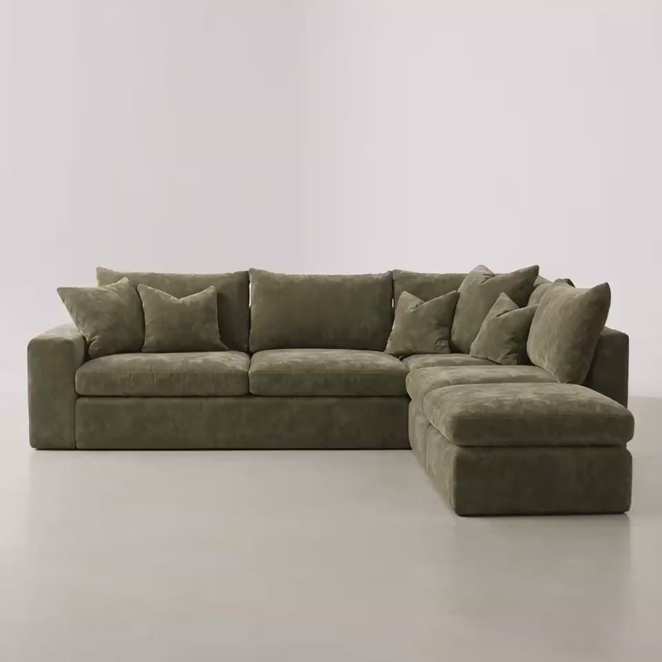 Lucca Corner Sofa & Footstool Bundle in Matcha Green — minimal studio scale and comfort film