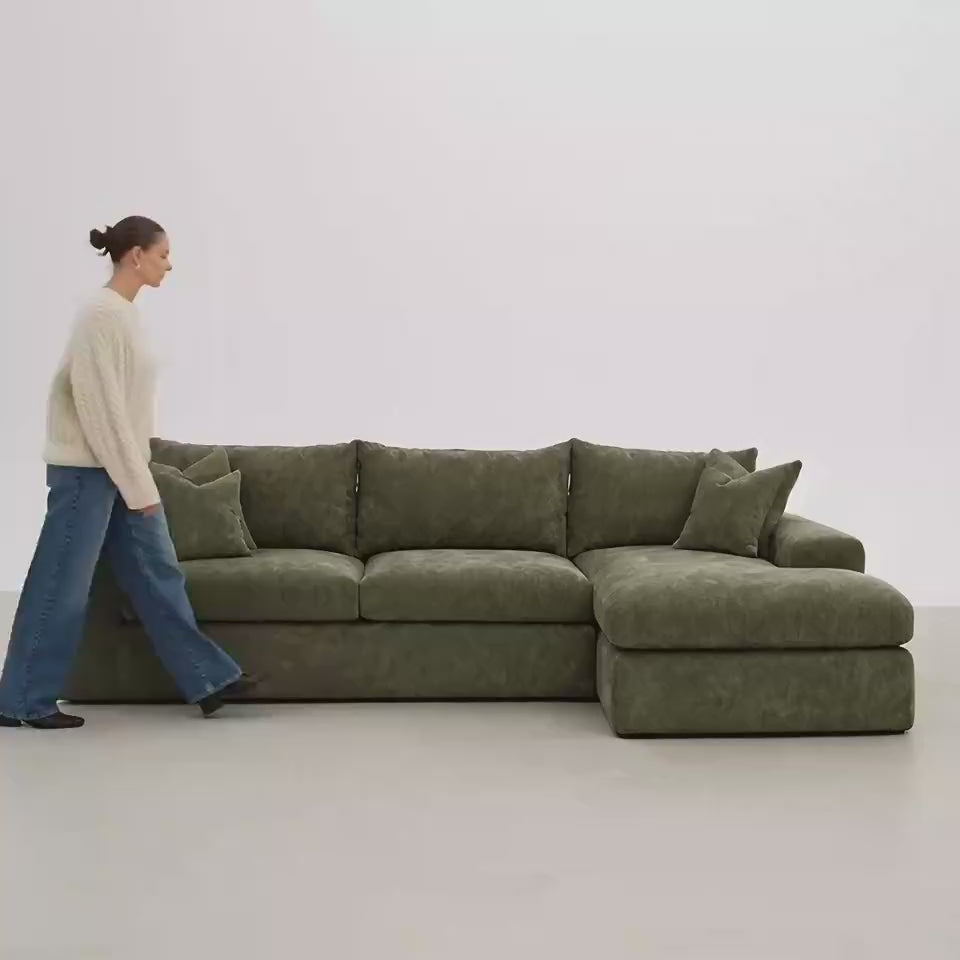 Lucca Large Chaise Sofa in Matcha Green — minimal studio scale and comfort film