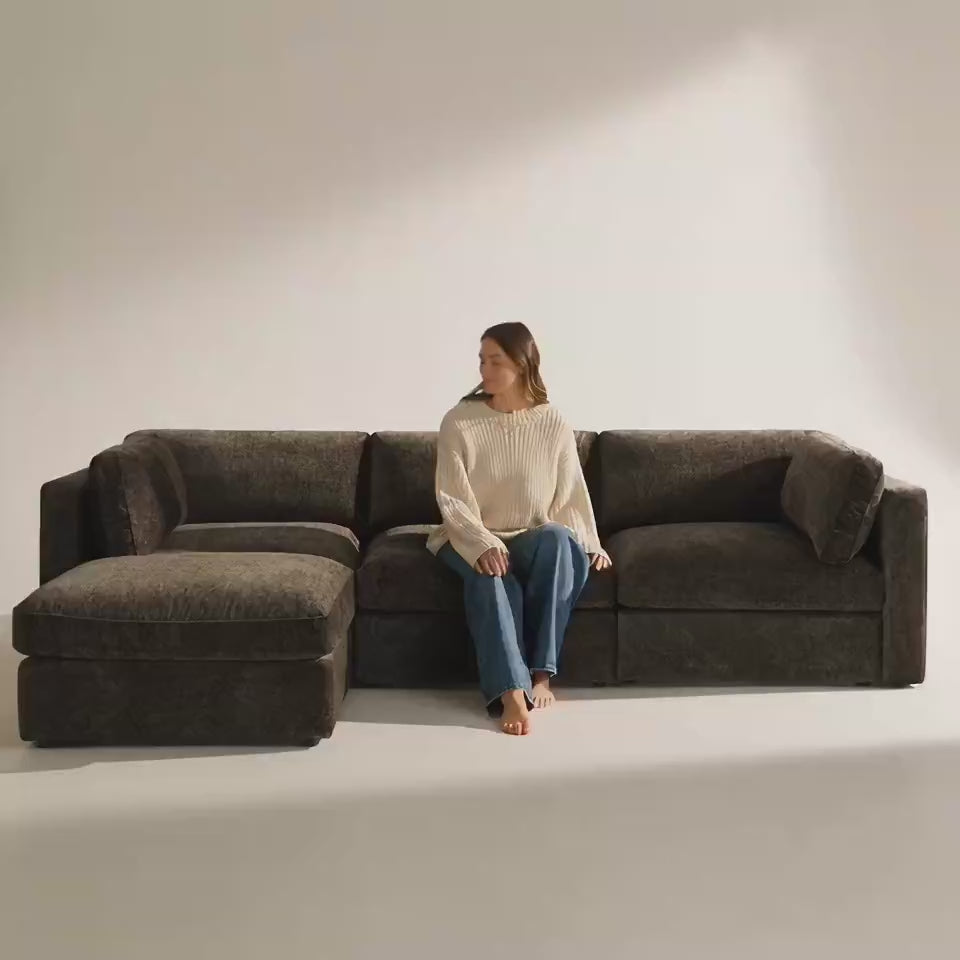 Bellano 3 Seater Sofa + Storage Ottoman — Double Espresso Luxe Chenille, Box cushions — five-second studio scale and comfort video