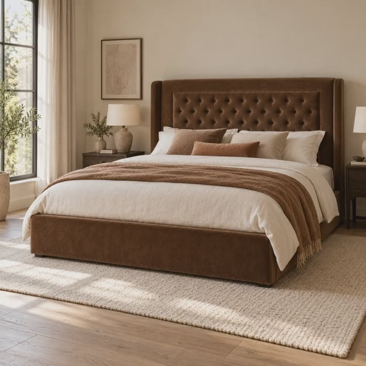 CK Living Hartwell upholstered bed — five-second bedroom view