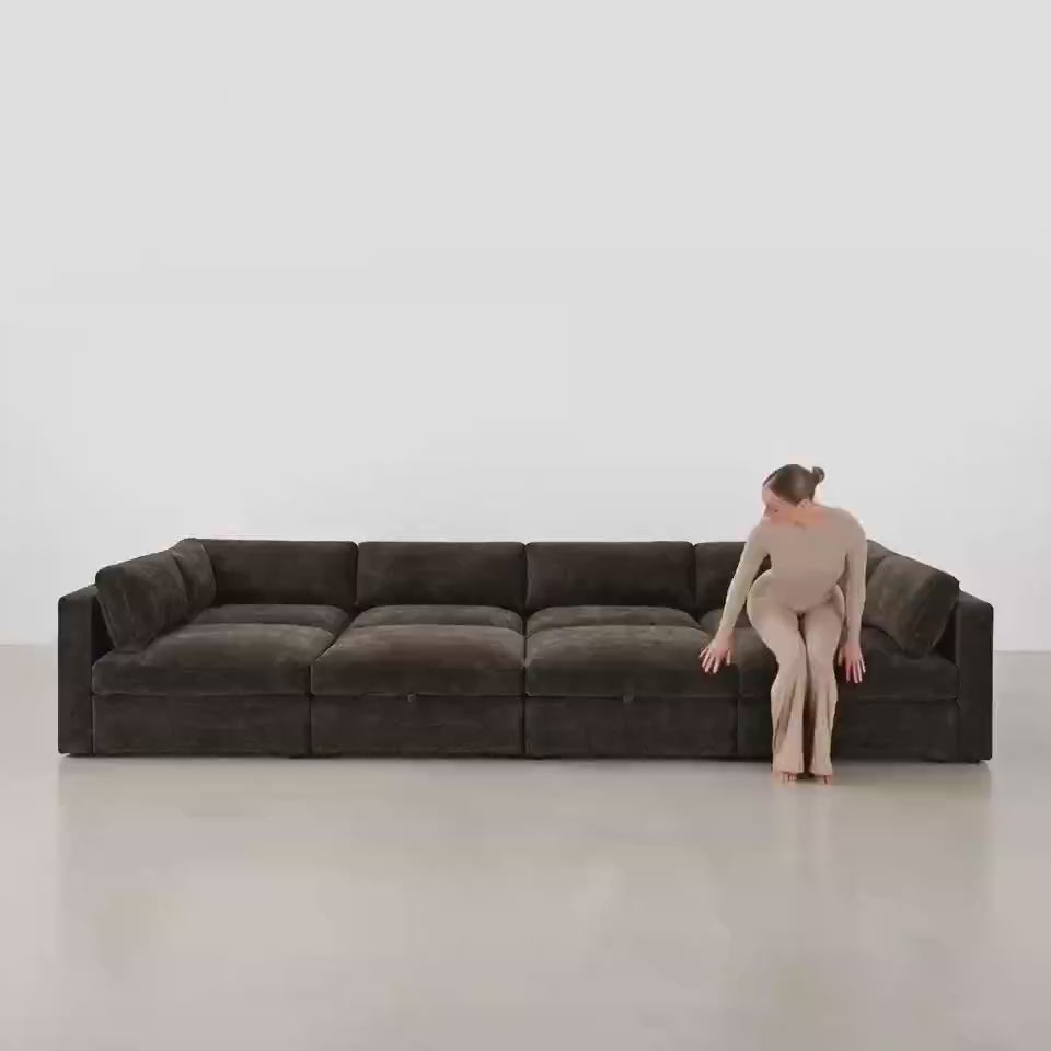 Bellano Grand Pit Sofa + Storage Ottoman — Double Espresso Luxe Chenille, Box cushions — five-second studio scale and comfort video
