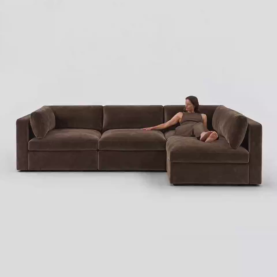 Bellano L-Shape Sofa + Storage Ottoman — Espresso Plush Velvet, Box cushions — five-second studio scale and comfort video