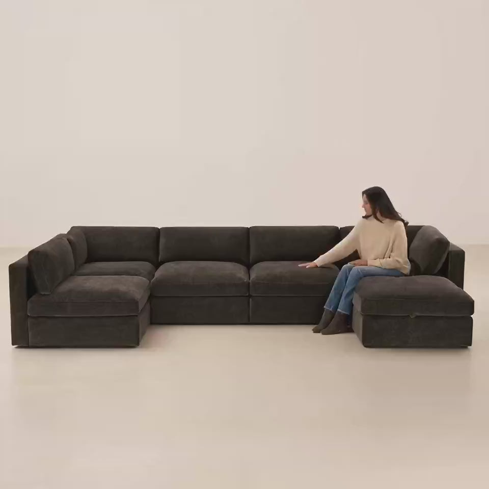 Bellano U-Shape Sofa + Storage Ottoman — Double Espresso Luxe Chenille, Box cushions — five-second studio scale and comfort video