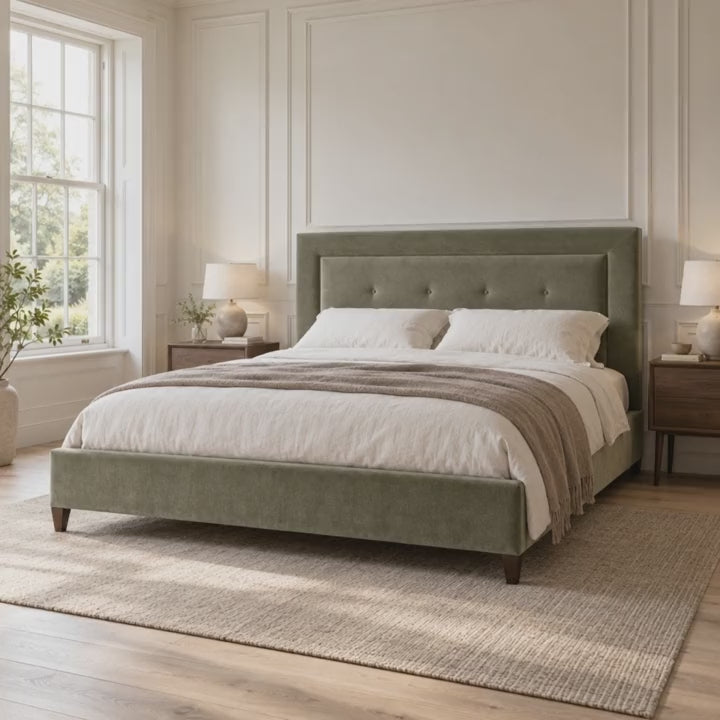 CK Living Amoret upholstered bed — five-second bedroom view
