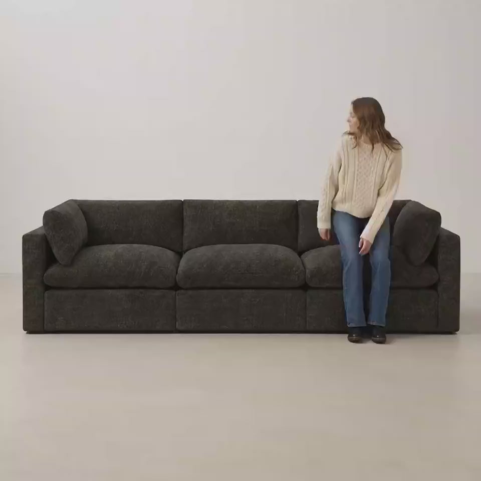 Bellano 3 Seater Sofa — Double Espresso Luxe Chenille, Pillow cushions — five-second studio scale and comfort video