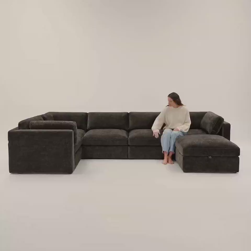 Bellano Grand Corner Sofa + Storage Ottoman — Double Espresso Luxe Chenille, Box cushions — five-second studio scale and comfort video