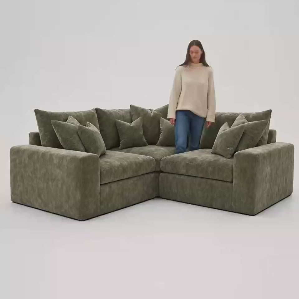 Lucca Small Corner Sofa in Matcha Green — white studio scale and comfort film