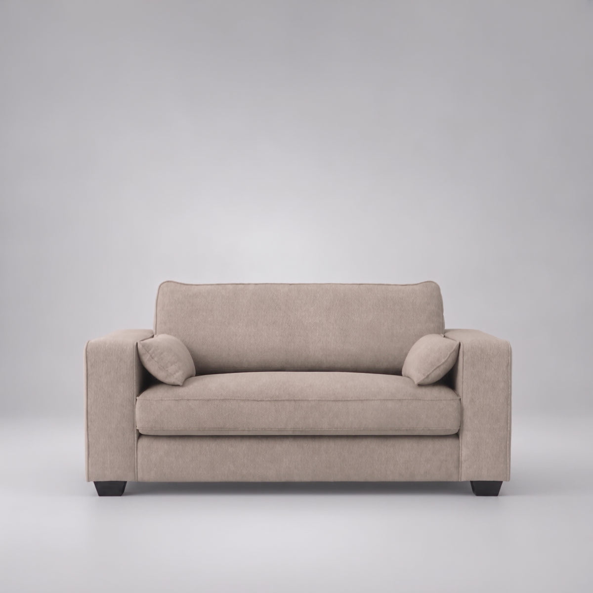 Verdi Love Seat Sofa in Summer Beach — frontal studio scale demonstration with model walking left to right