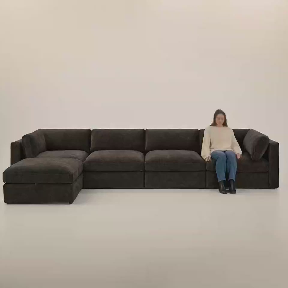 Bellano 4 Seater Sofa + Storage Ottoman — Double Espresso Luxe Chenille, Box cushions — five-second studio scale and comfort video