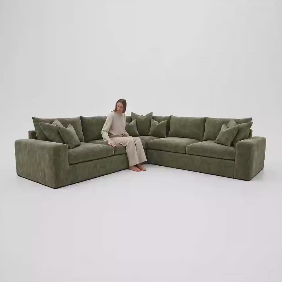 Lucca XL Corner Sofa in Matcha Green — white studio scale and comfort film