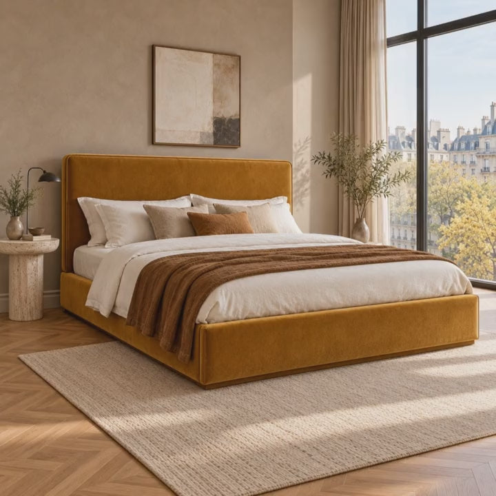 CK Living Linwood upholstered bed — five-second bedroom view