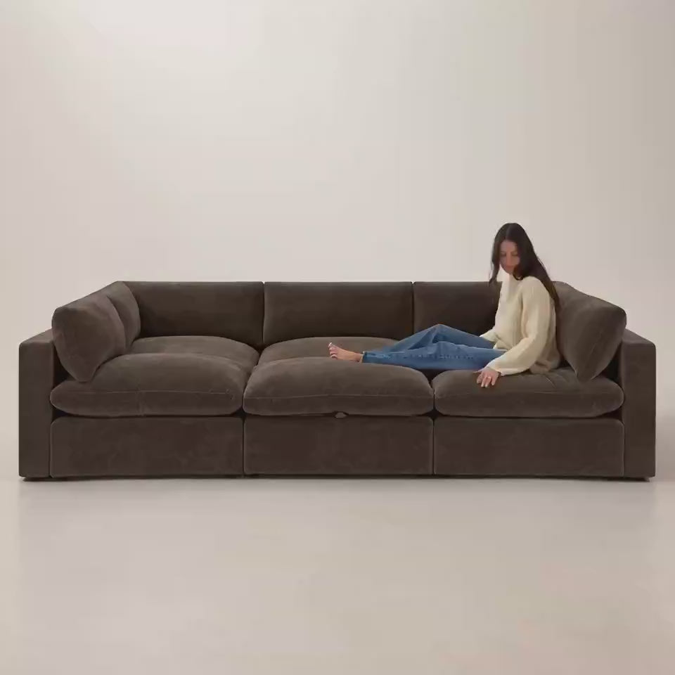 Bellano Pit Cinema Sofa — Espresso Plush Velvet, Pillow cushions — five-second studio scale and comfort video
