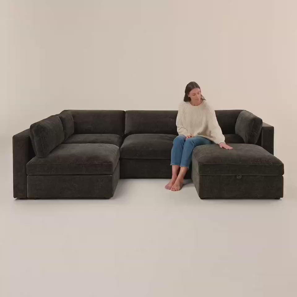 Bellano Large L-Shape Sofa + Storage Ottoman — Double Espresso Luxe Chenille, Box cushions — five-second studio scale and comfort video