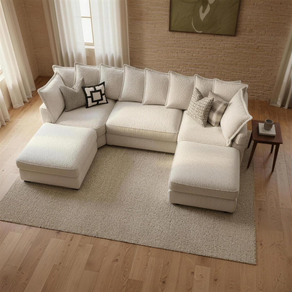 Elevated view of the Primrose U Shape Sofa in Crimsy Truffle in a warm living room