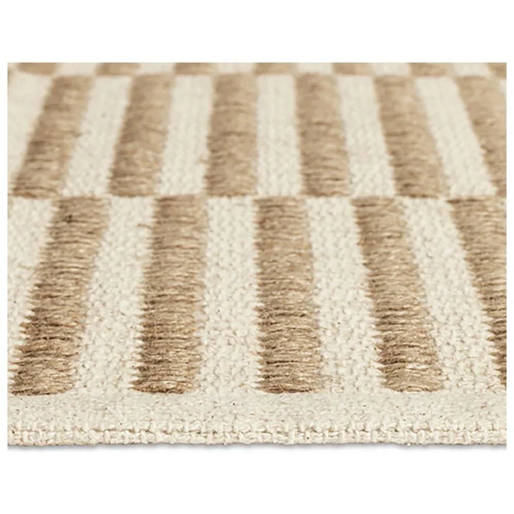 Beige and cream striped area rug with textured weave, perfect for luxury living spaces