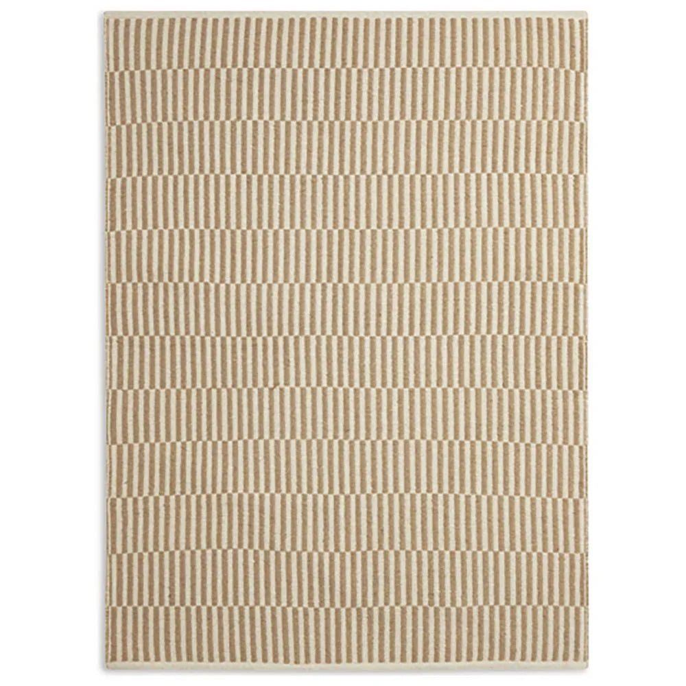 Beige striped area rug with textured geometric pattern for modern living room decor