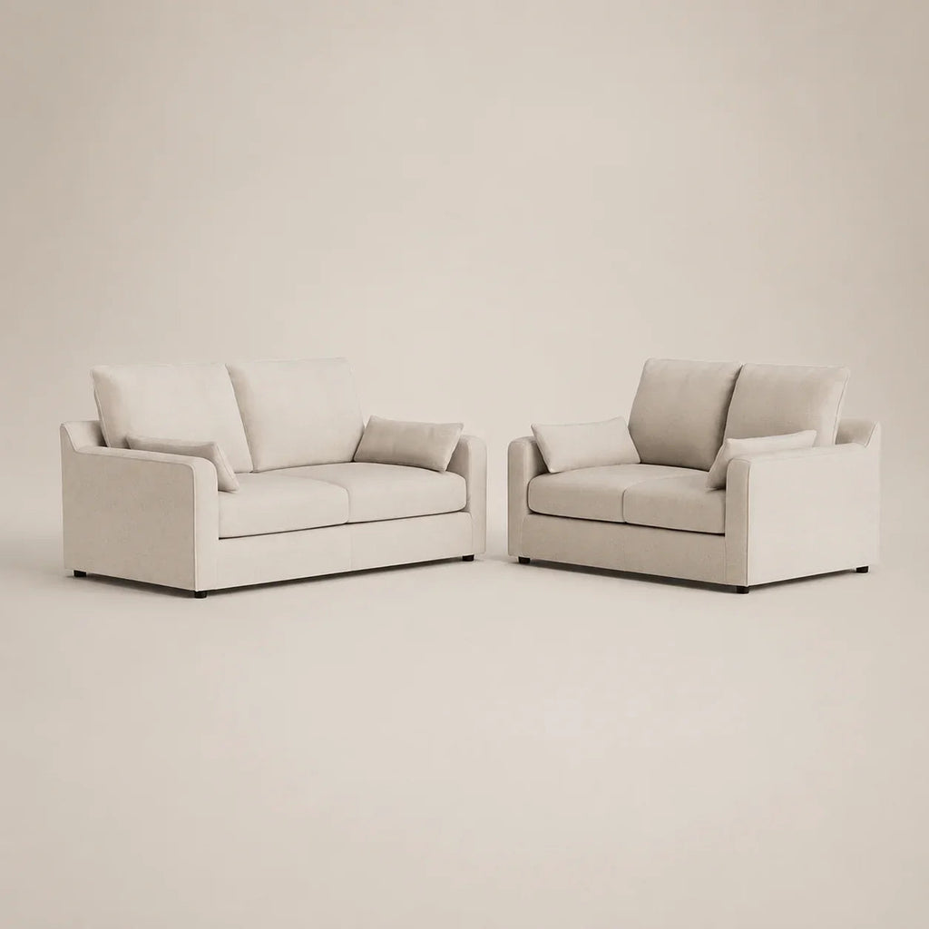 Luxury beige sofas with plush cushions, modern design for living room comfort