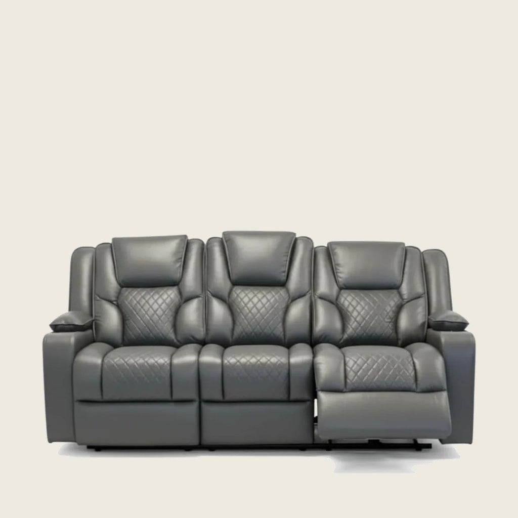 Luxury grey leather recliner sofa with quilted detailing and adjustable seats for ultimate comfort.