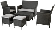 Dark wicker outdoor patio furniture set with grey cushions, including sofa, chairs, ottomans, and coffee table
