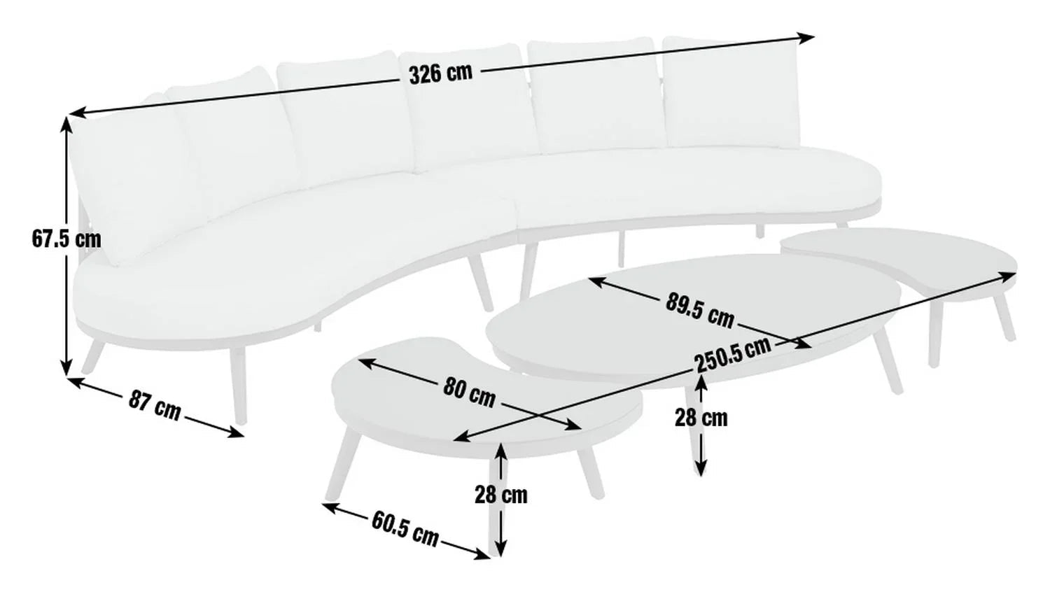White curved sectional sofa with matching tables, dimensions shown for luxury living room furniture