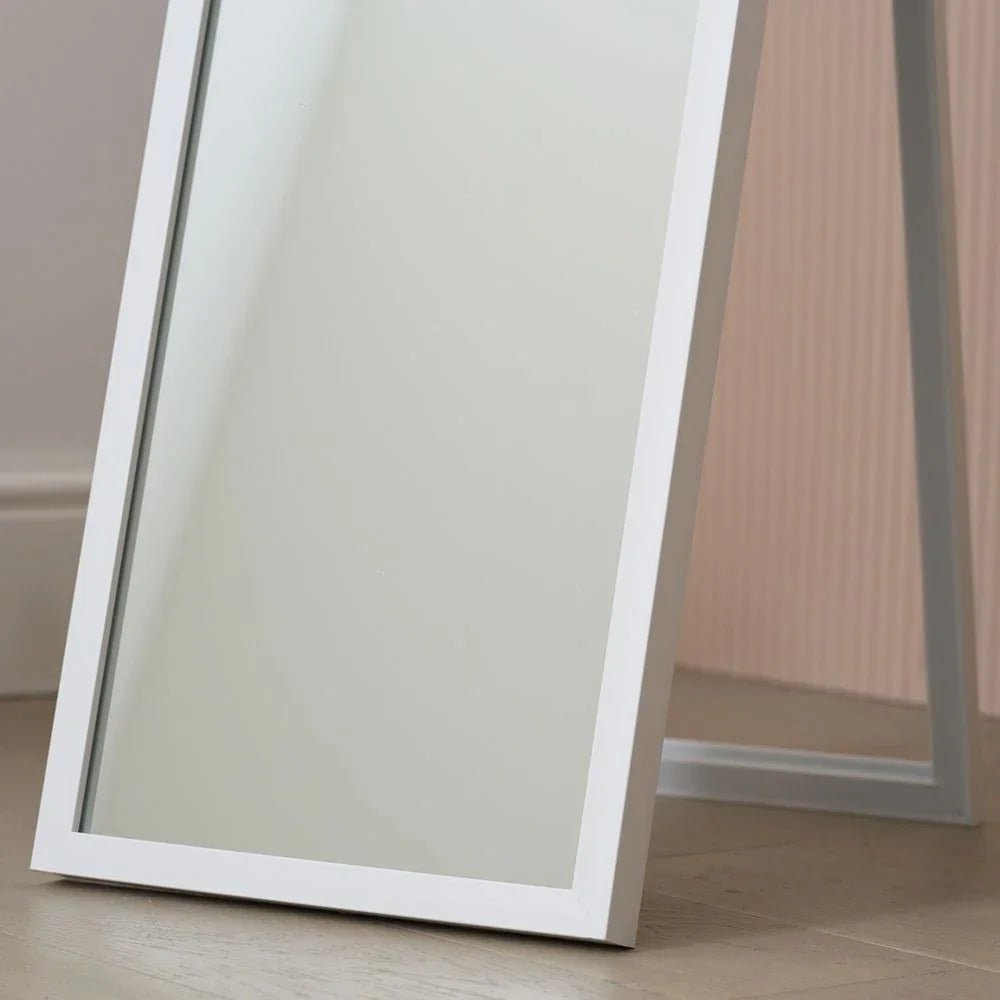 White full-length floor mirror with slim frame, modern bedroom decor