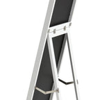White A-frame floor mirror with black backing and silver hinges, modern full-length design