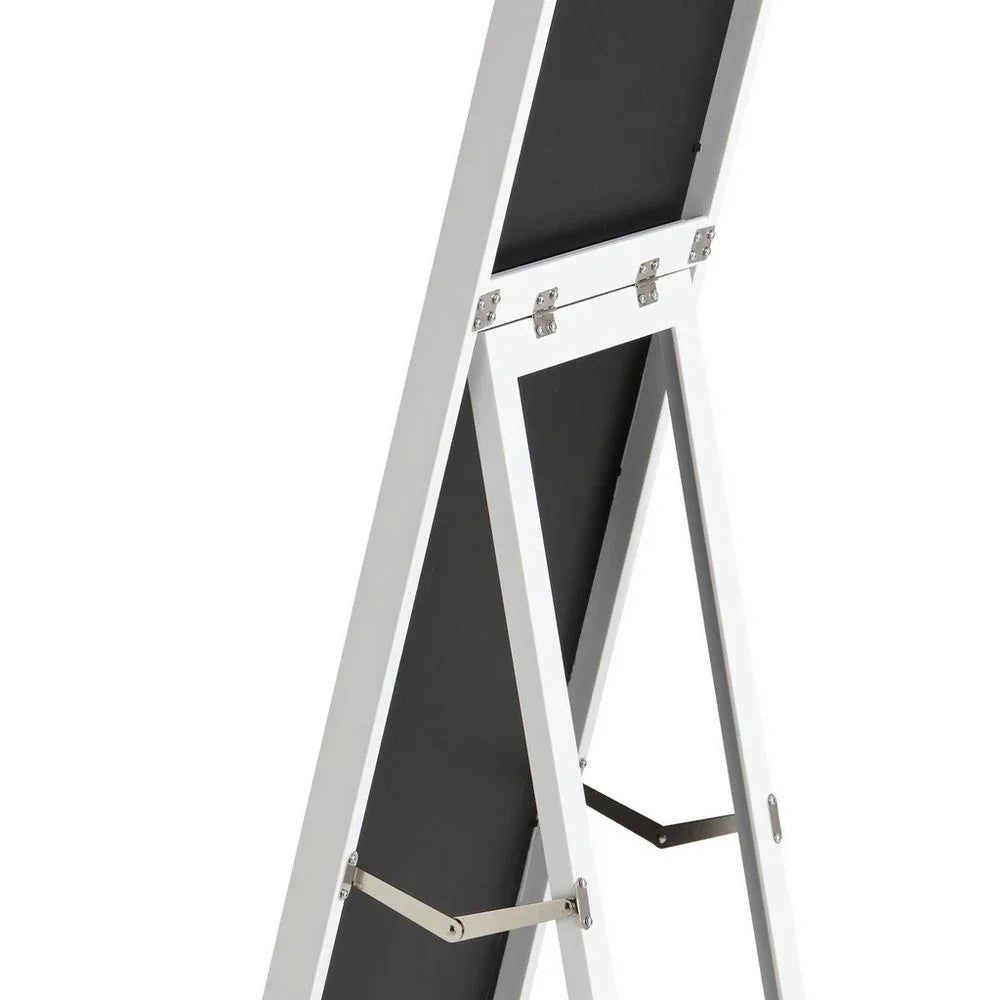 White A-frame floor mirror with black backing and silver hinges, modern full-length design