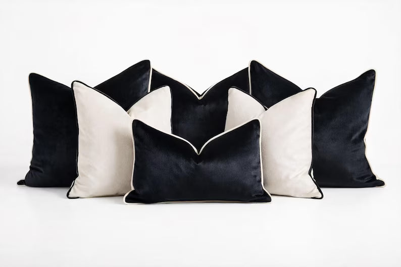 6 Piece Black & Cream Duck Feather Velvet Cushion Set – Luxury Scatter Cushions