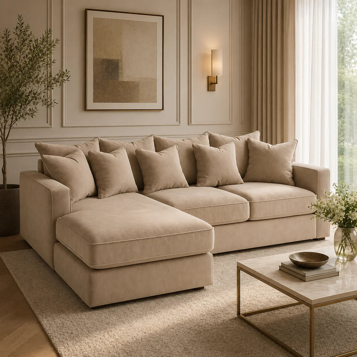 Luxury beige sectional sofa with chaise lounge in modern living room, perfect for UK homes